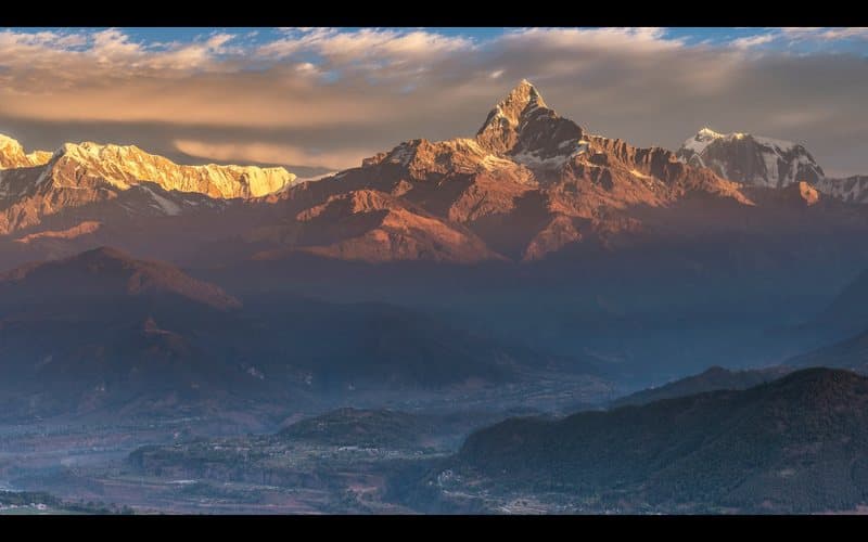 Machapuchare at sunrise from Sarangkot, above Pokhara.