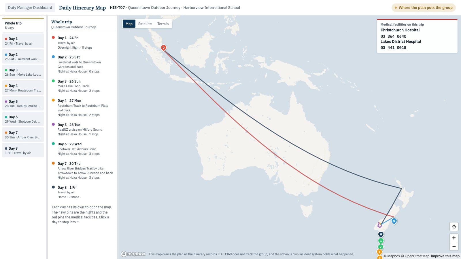 The Daily Itinerary Map for the Queenstown Outdoor Journey, the whole trip with the flights drawn as arcs