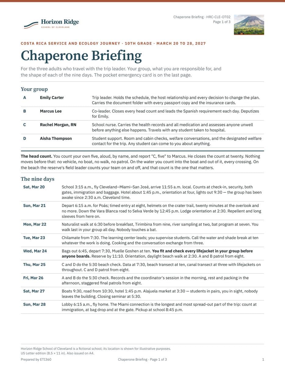 First page of the Chaperone Briefing and Pocket Emergency Card