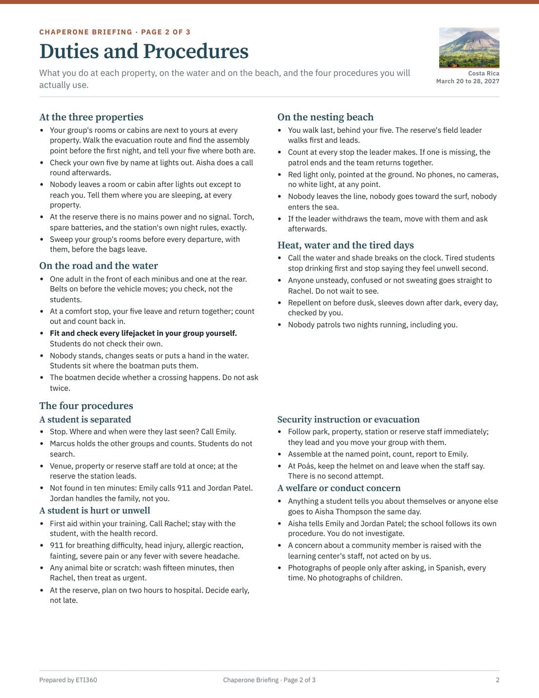 Chaperone Briefing and Pocket Emergency Card, page 2