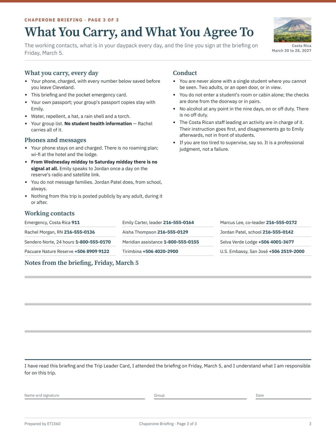 Chaperone Briefing and Pocket Emergency Card, page 3