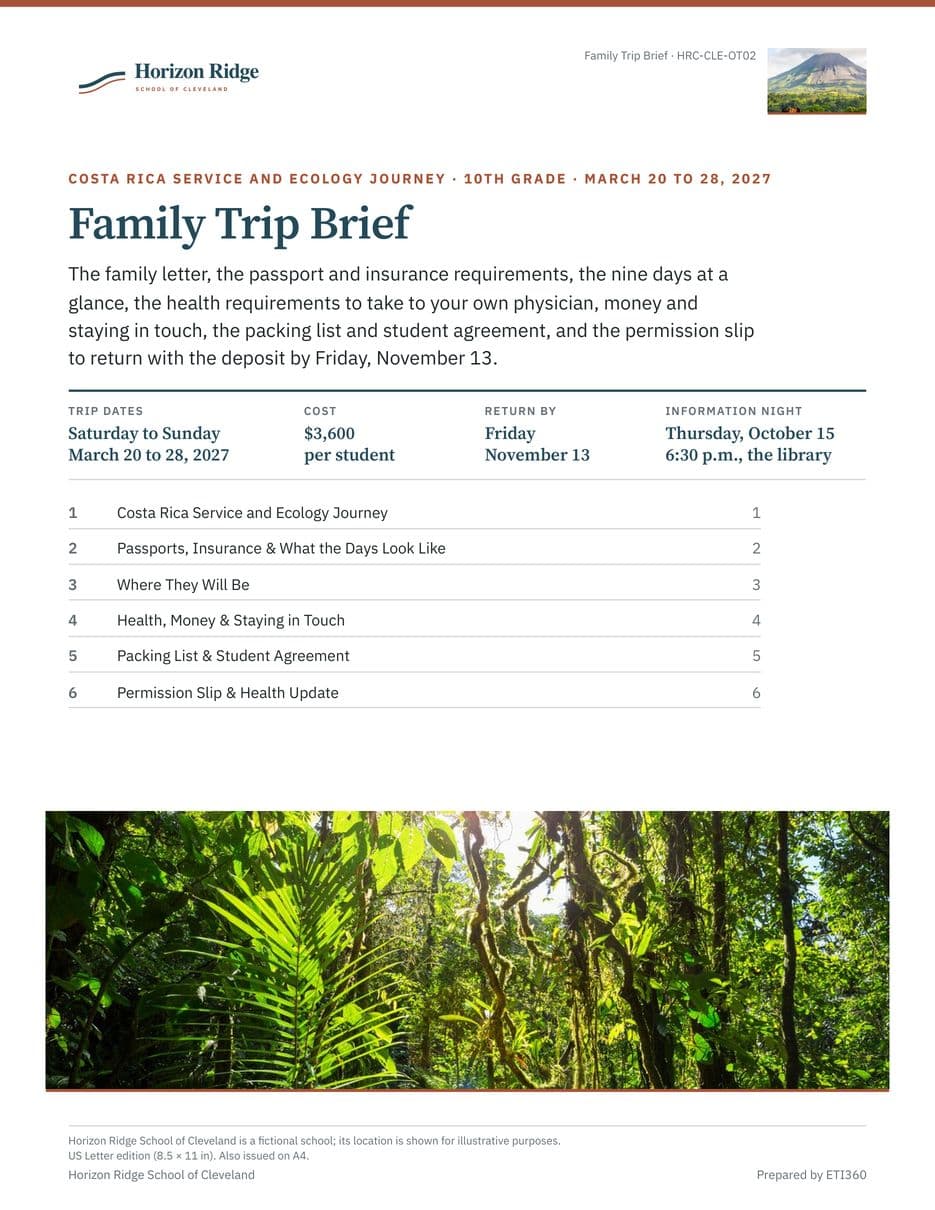 First page of the Family Trip Brief