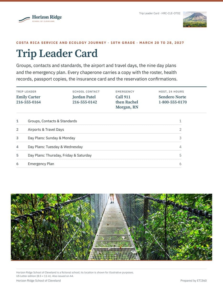 First page of the Trip Leader Card