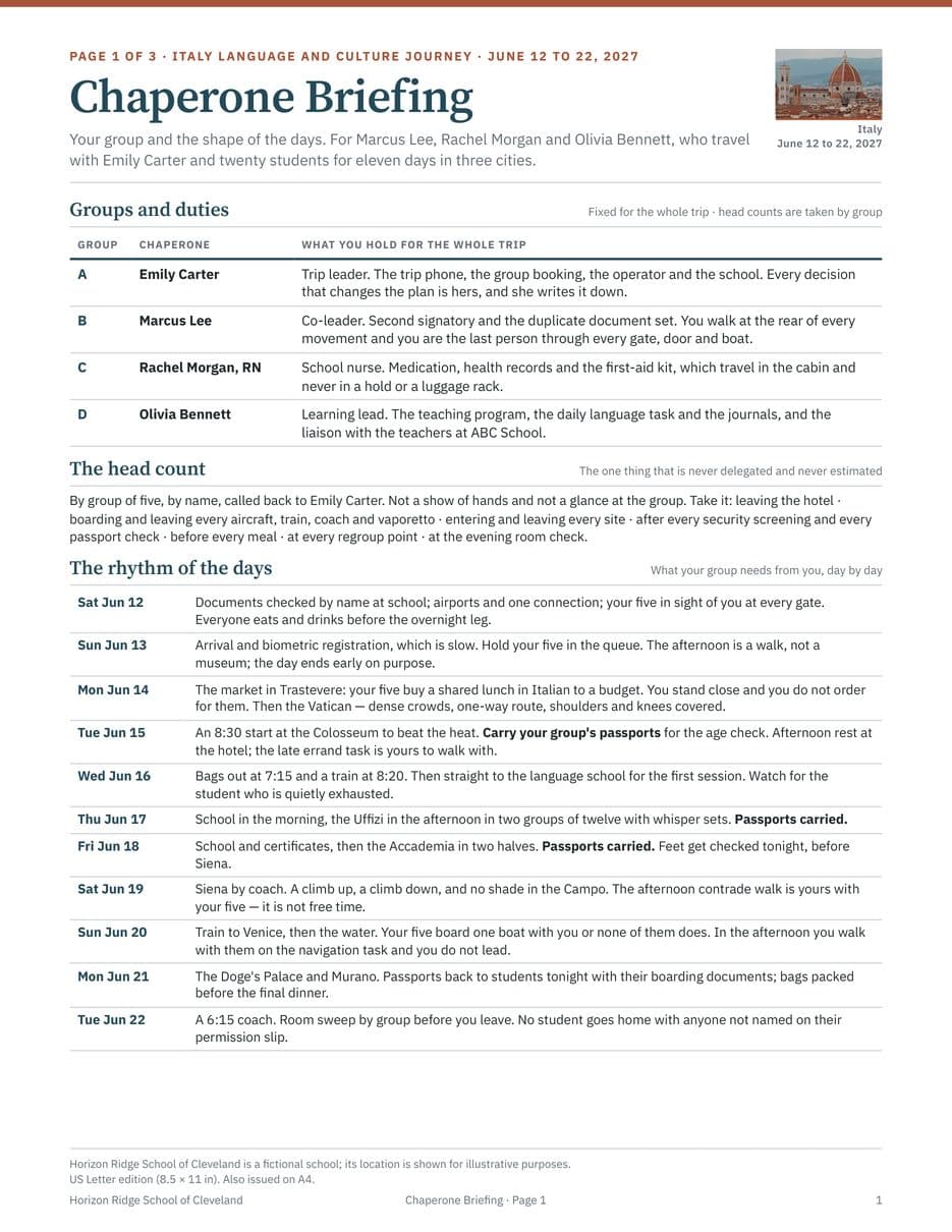 First page of the Chaperone Briefing and Pocket Emergency Card