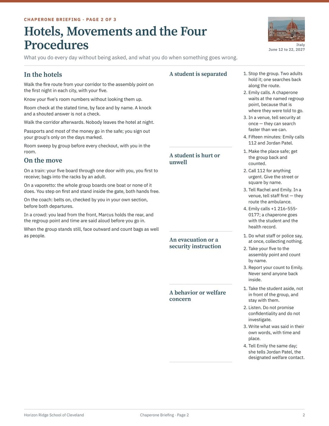 Chaperone Briefing and Pocket Emergency Card, page 2