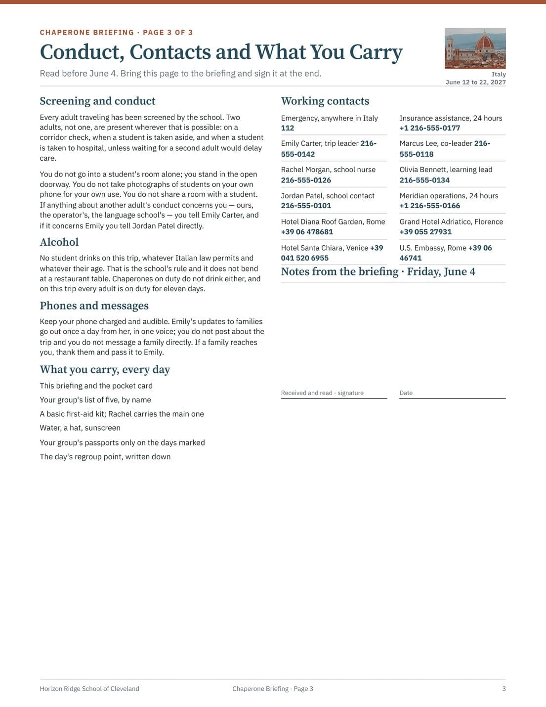 Chaperone Briefing and Pocket Emergency Card, page 3