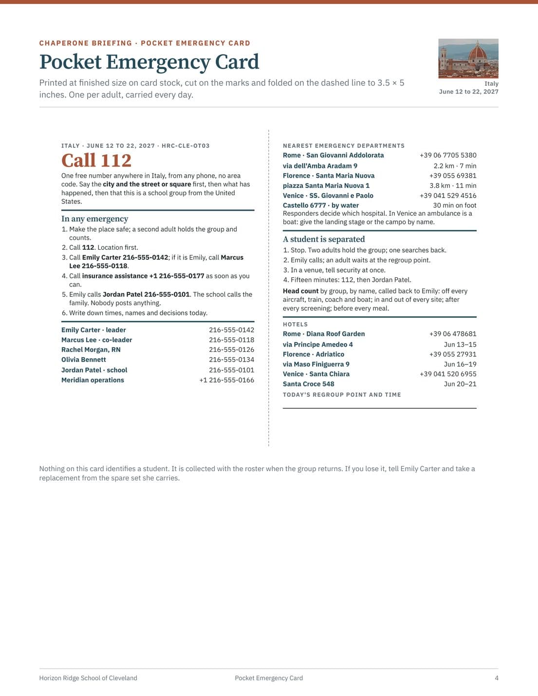 Chaperone Briefing and Pocket Emergency Card, page 4