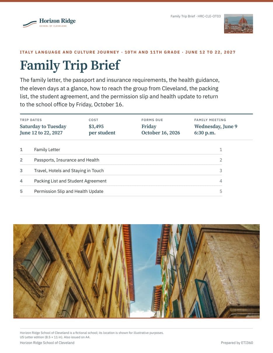 First page of the Family Trip Brief