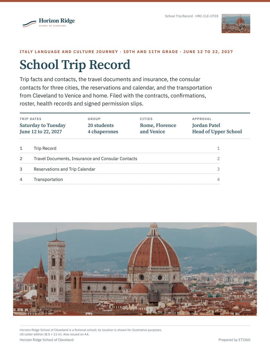 First page of the School Trip Record