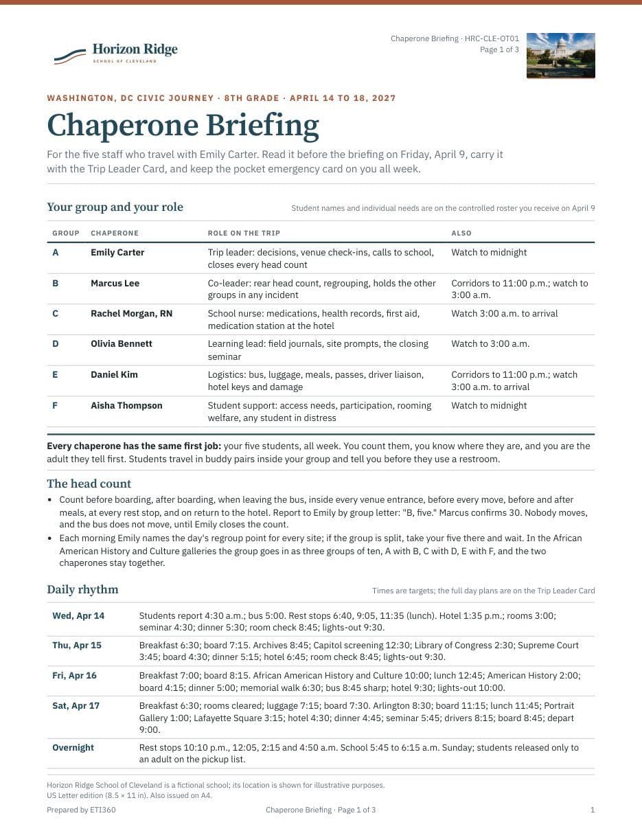 First page of the Chaperone Briefing and Pocket Emergency Card
