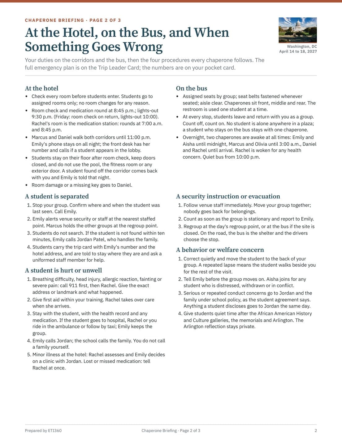 Chaperone Briefing and Pocket Emergency Card, page 2
