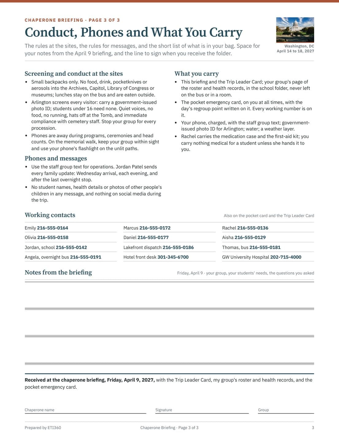 Chaperone Briefing and Pocket Emergency Card, page 3