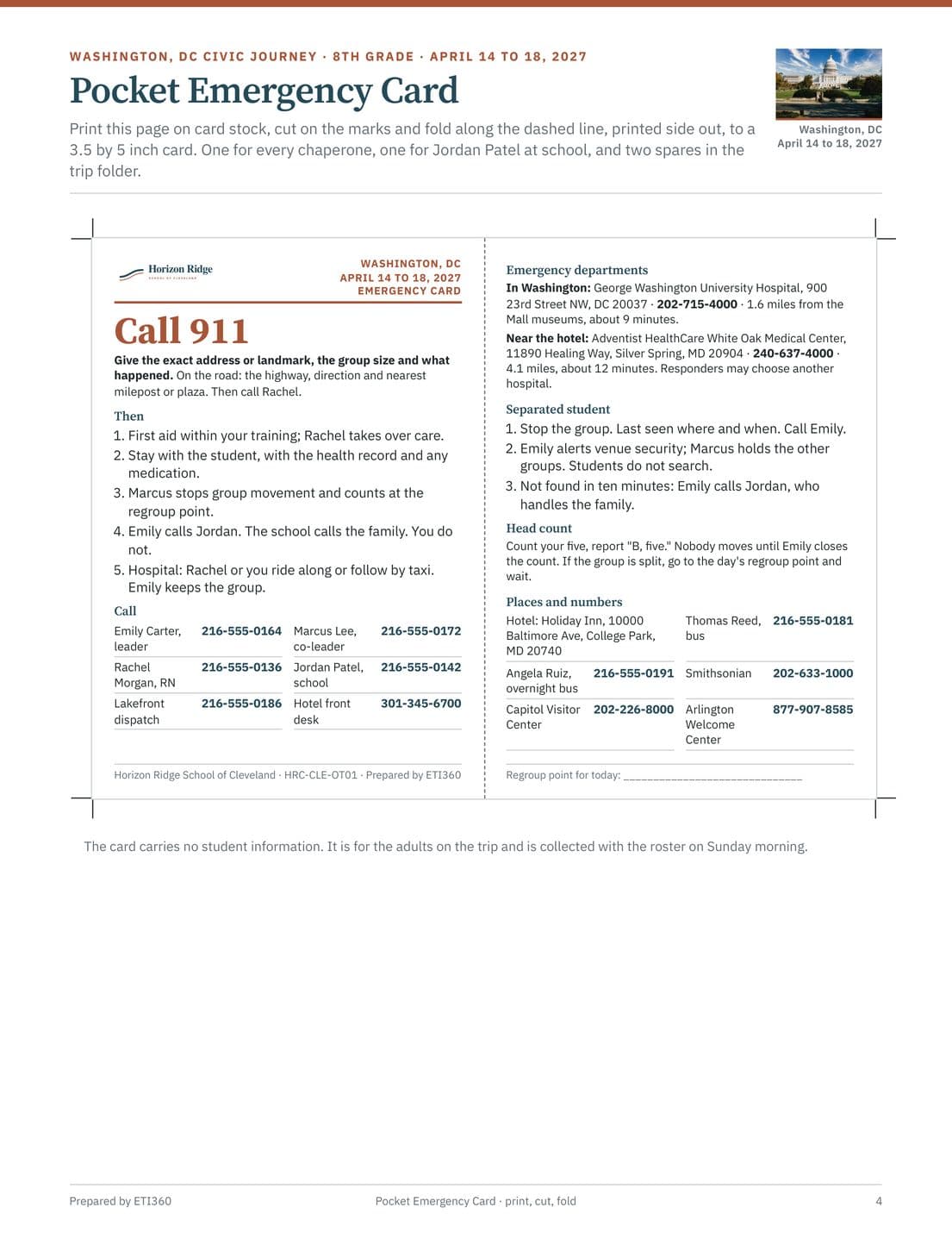 Chaperone Briefing and Pocket Emergency Card, page 4
