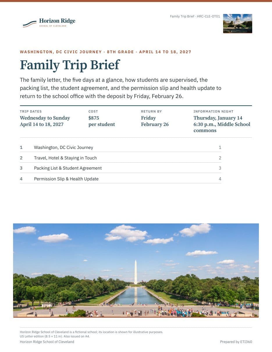 First page of the Family Trip Brief