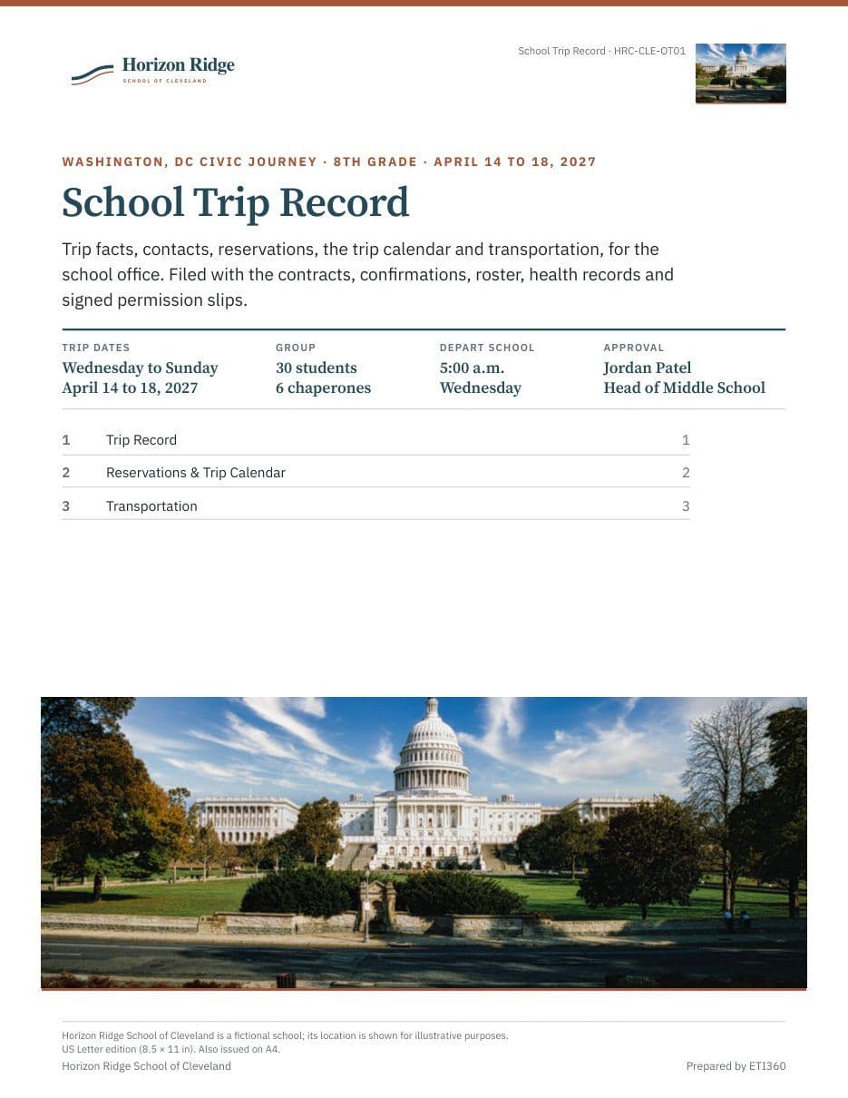 First page of the School Trip Record