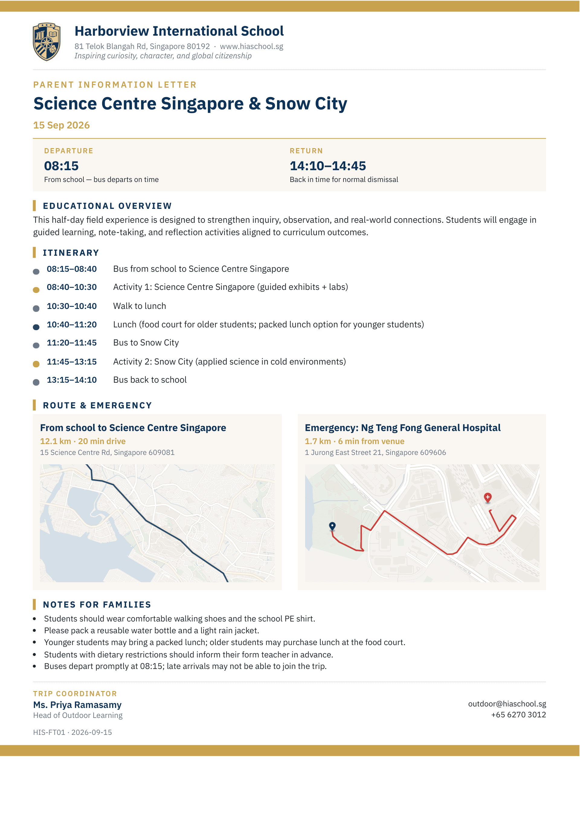 A field trip parent information letter: school crest and name, departure and return times, educational overview, hour-by-hour itinerary, a route map from school and a map to the nearest emergency department, notes for families and the trip coordinator