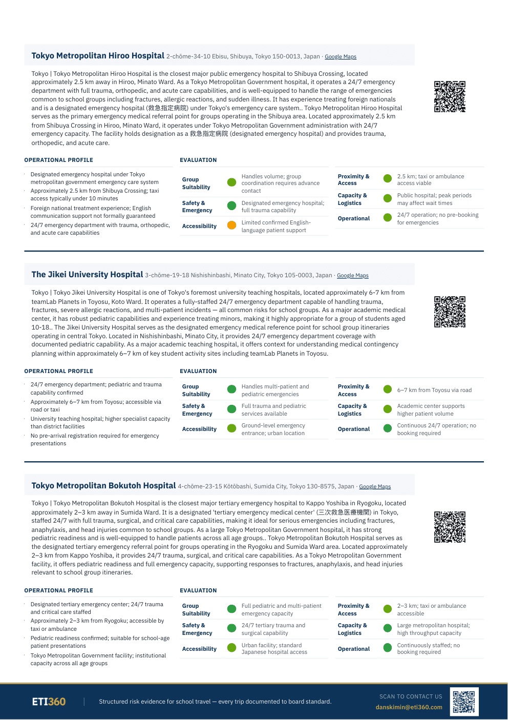 ETI360 Medical Access record with verified facility profiles, addresses, QR links and operational evaluations