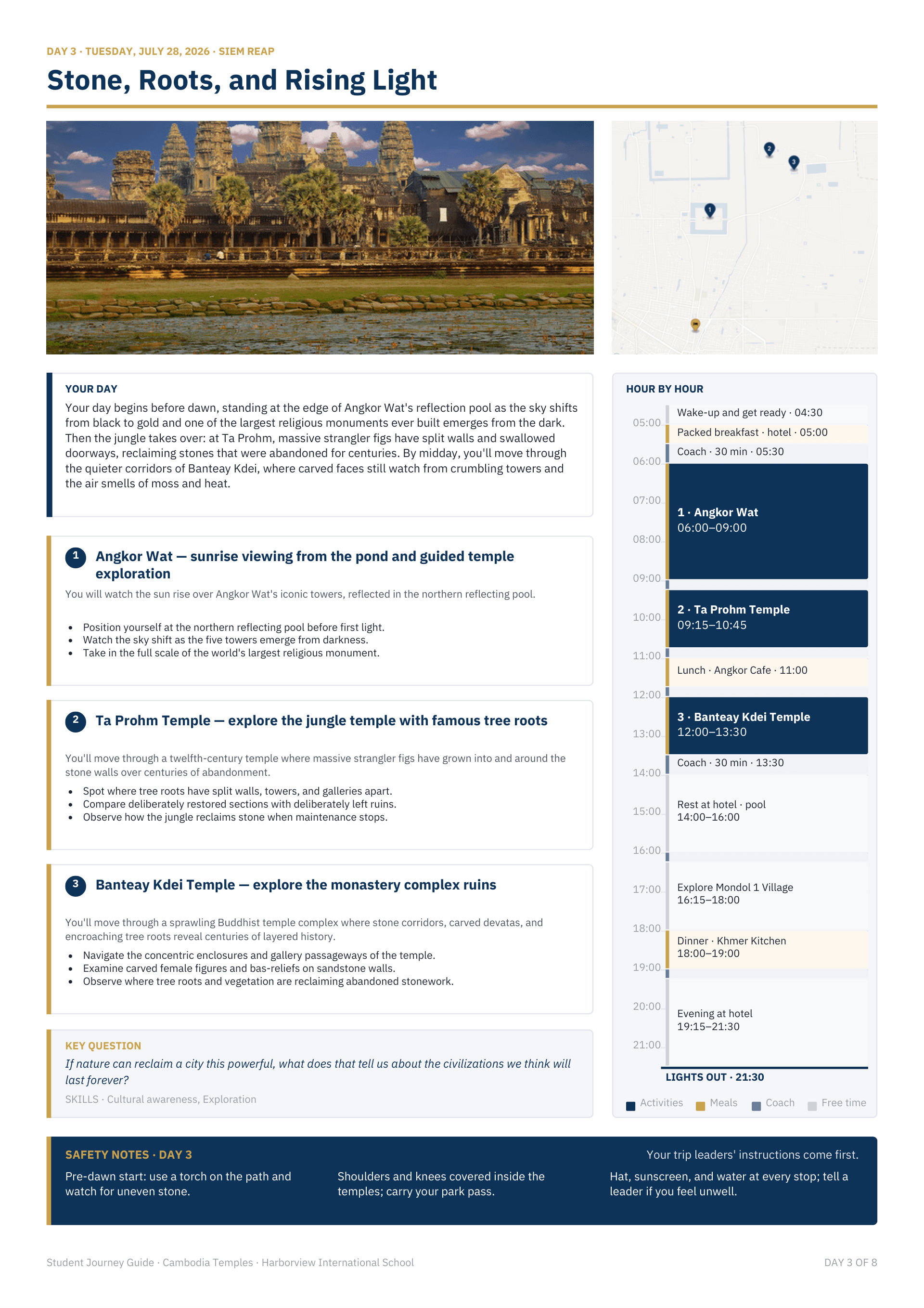 ETI360 Student Journey Guide day page: dated header, site photograph, day map with numbered pins, narrative, three numbered activity cards, an hour-by-hour column and a safety notes card