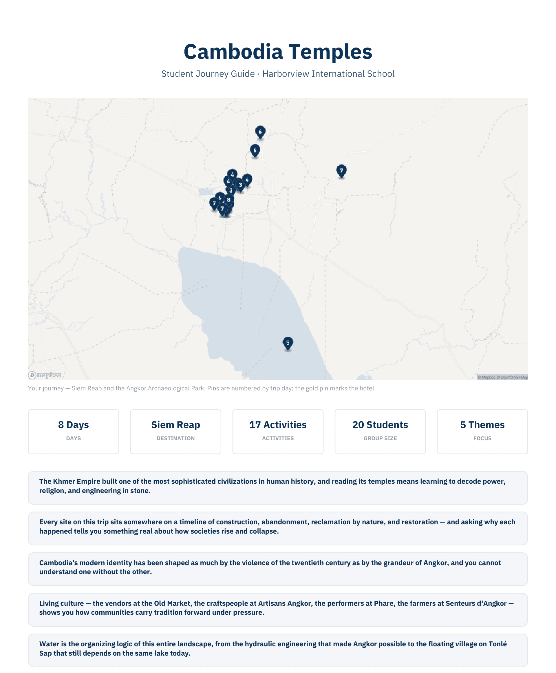 ETI360 Student Journey Guide overview page showing the whole trip on one map, trip facts, and the learning themes the trip is built around