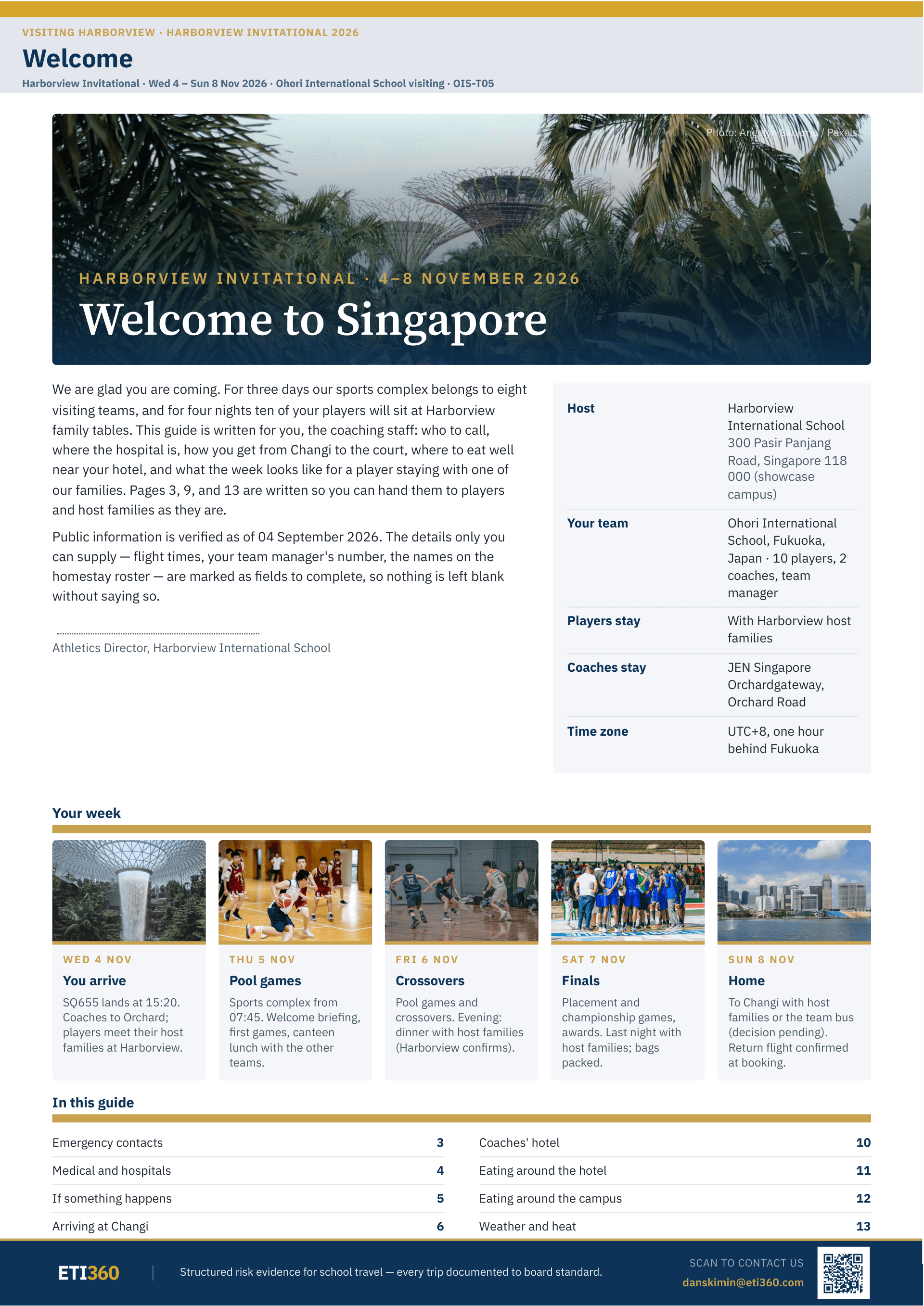 The welcome page of a visiting coaches' guide: a Singapore skyline hero, the host athletics director's welcome, where the host, the visiting team, players and coaches are placed, five day cards for the tournament week, and the guide's index