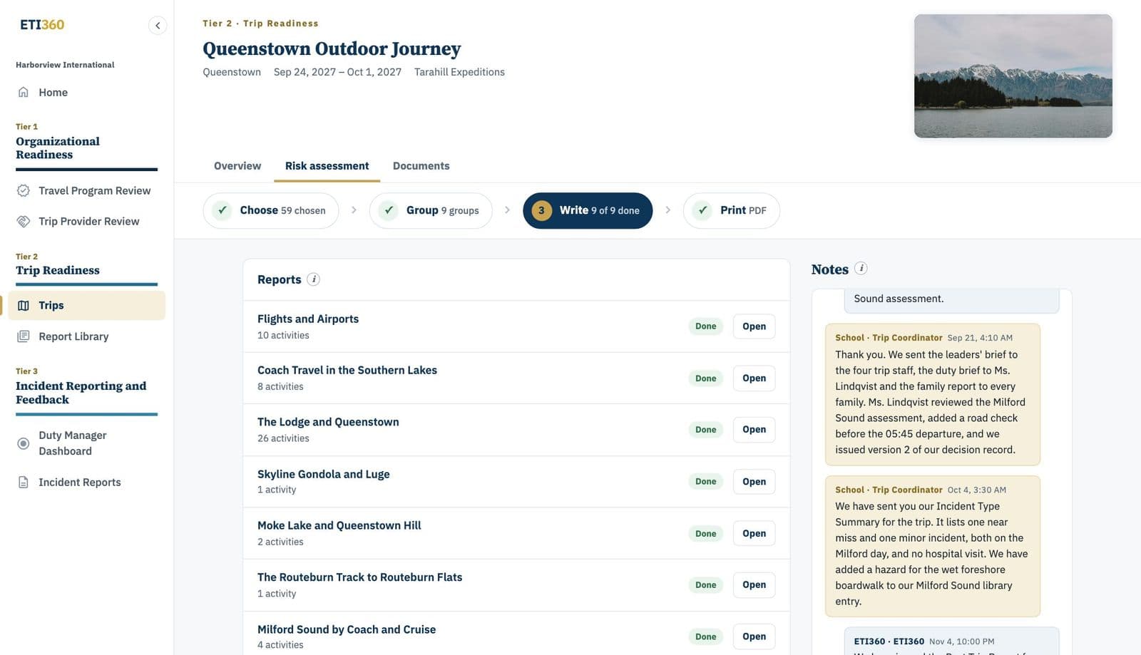 The Risk assessment tab for Queenstown, nine assessments written