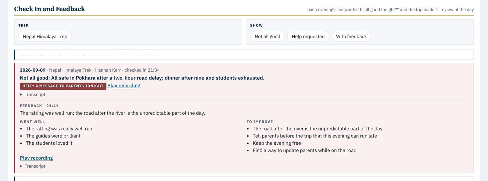 The duty view's Check In and Feedback section on Day 5