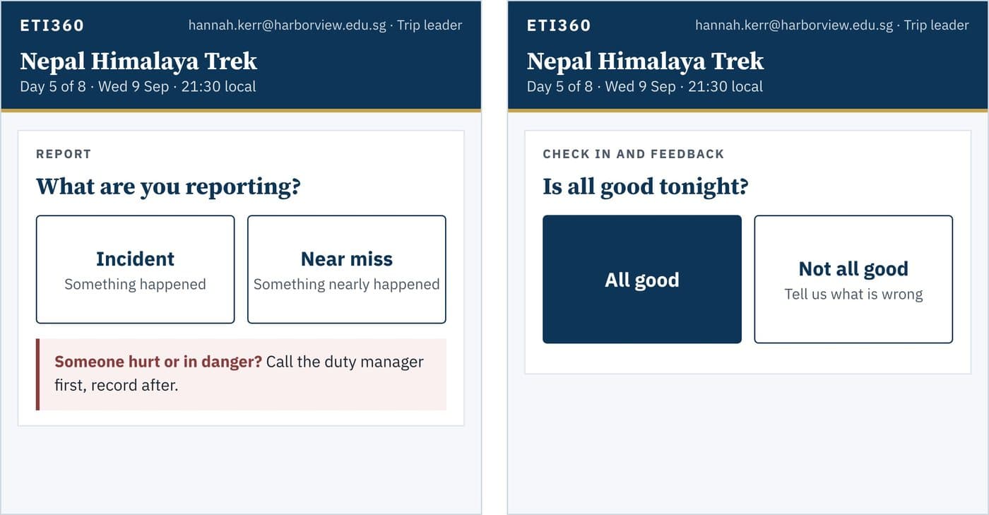 The trip leader's phone: Report and Check in