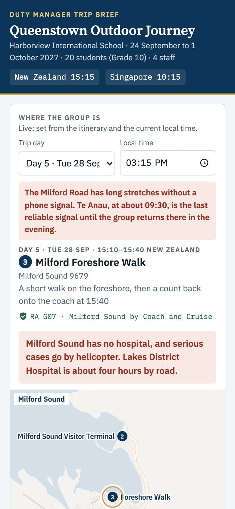 The phone edition of the Duty Manager Trip Brief on the Milford Sound day