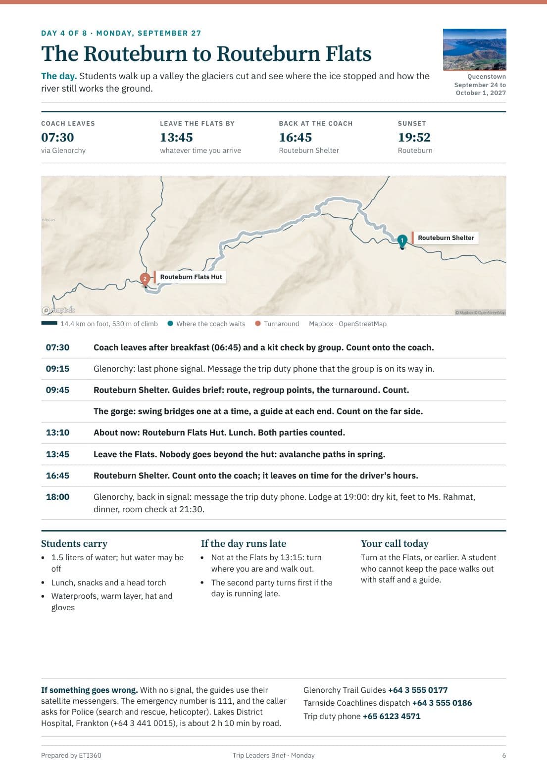 The Trip Leaders Brief, the page for day 4 on the Routeburn Track