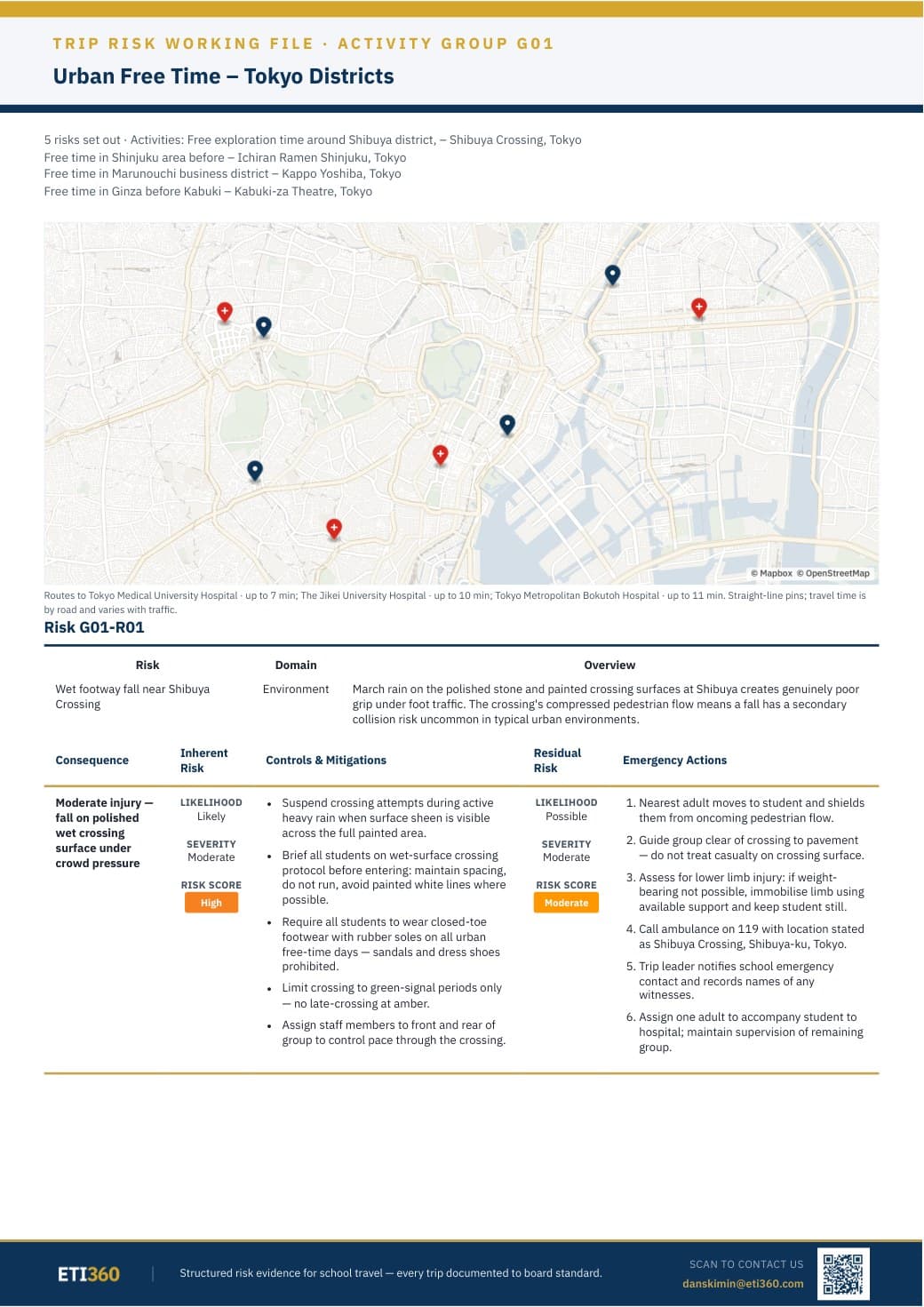 One activity group's section: the activities it covers, the map with routes and travel times to the three nearest emergency departments, and the first risk with its consequence, controls, residual risk and emergency actions