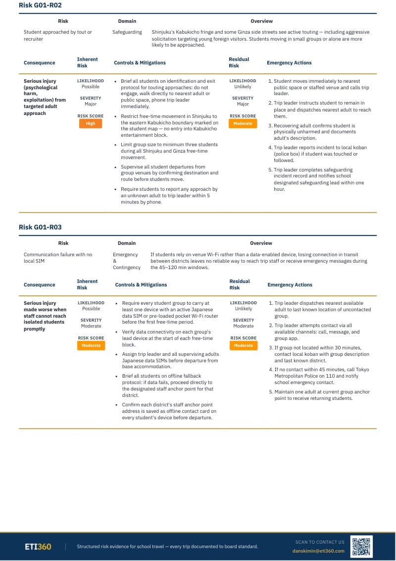 Two risks set out in full: consequence, inherent risk, controls and mitigations, residual risk, and emergency actions