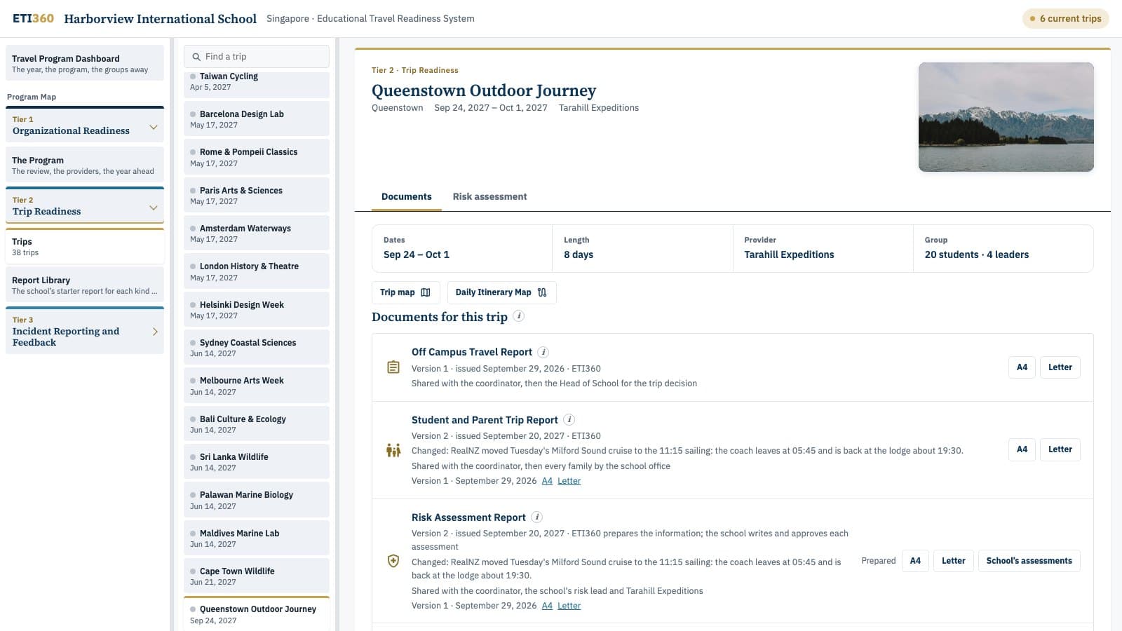 The trip page for the Queenstown Outdoor Journey in the ETI360 school portal, with its documents