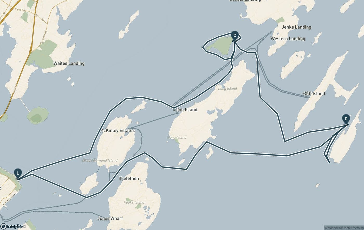 Map of the five paddling days on Casco Bay, from the launch at East End Beach in Portland to the camps on Little Chebeague Island and Jewell Island, and back.