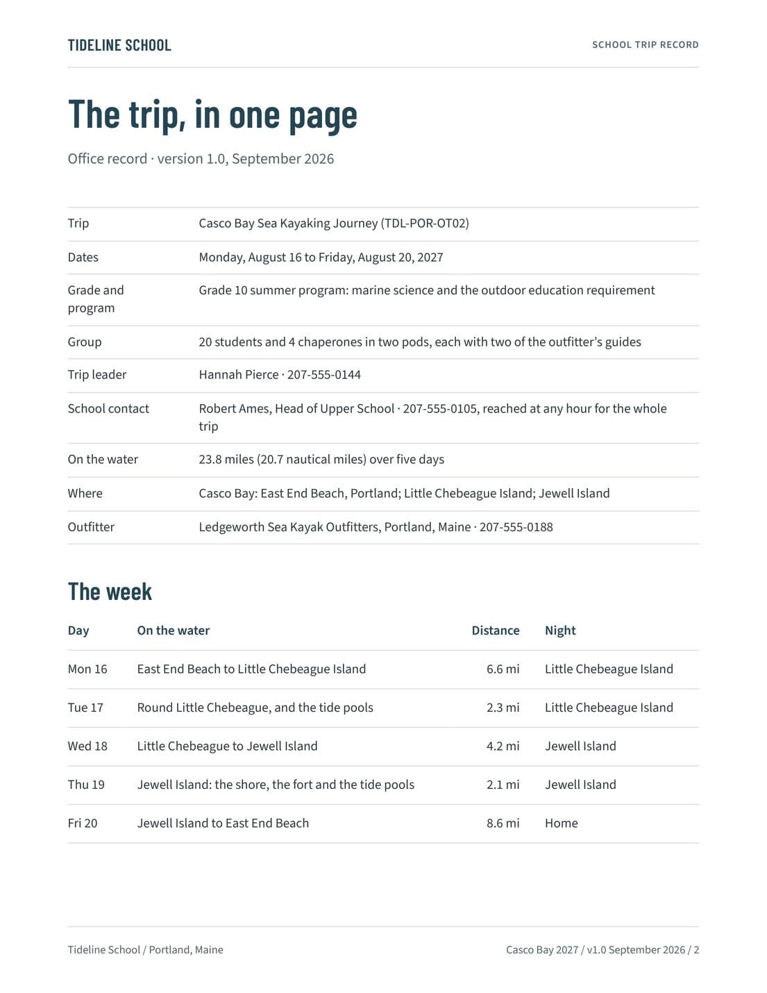 School Trip Record, page 2