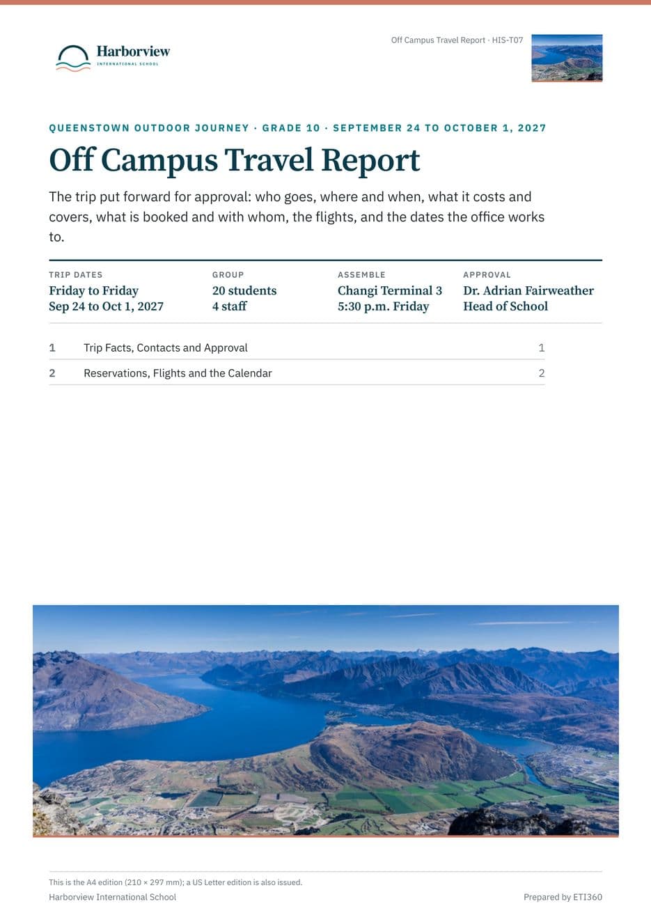 First page of the Off Campus Travel Report, Harborview International School