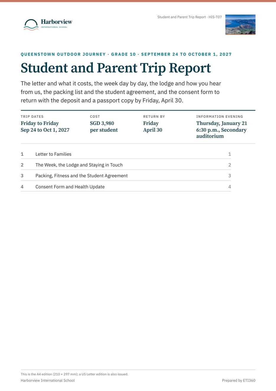 First page of the Student and Parent Trip Report, Harborview International School