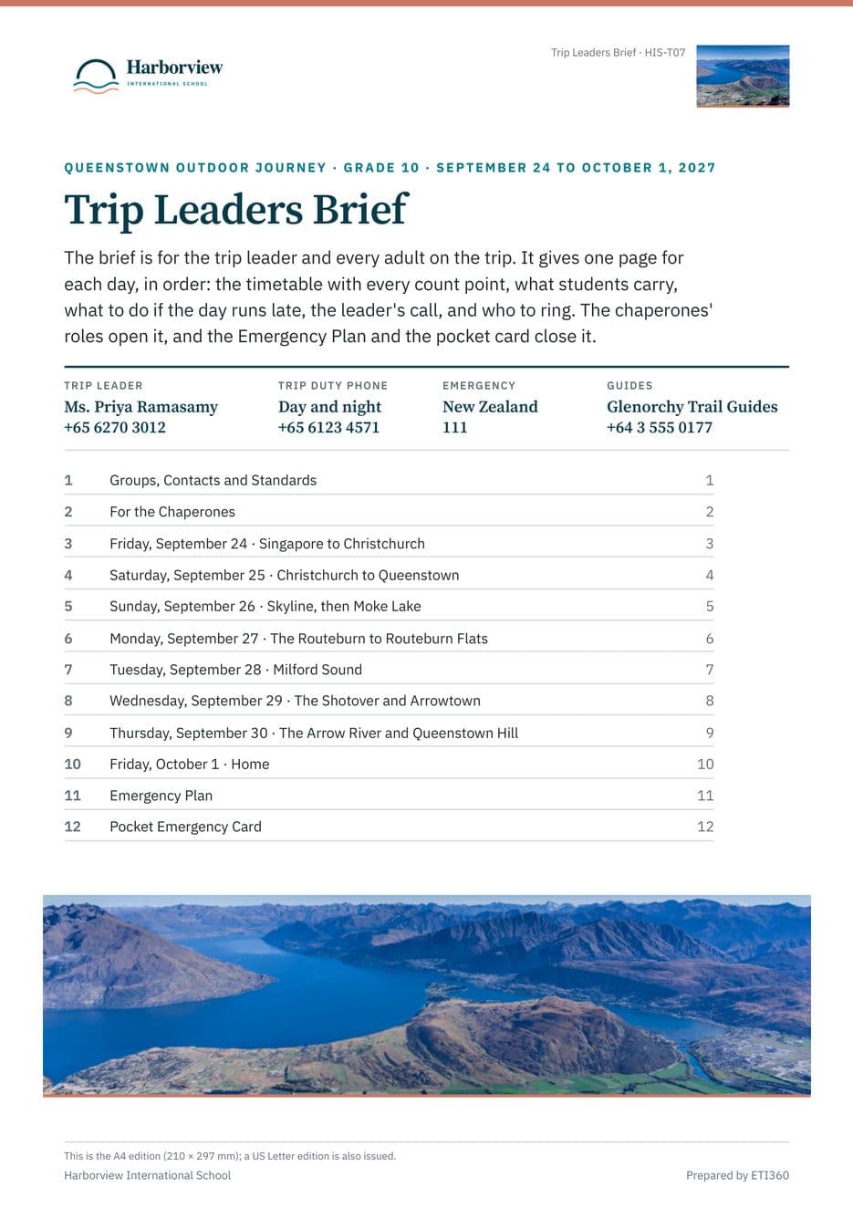 First page of the Trip Leaders Brief, Harborview International School