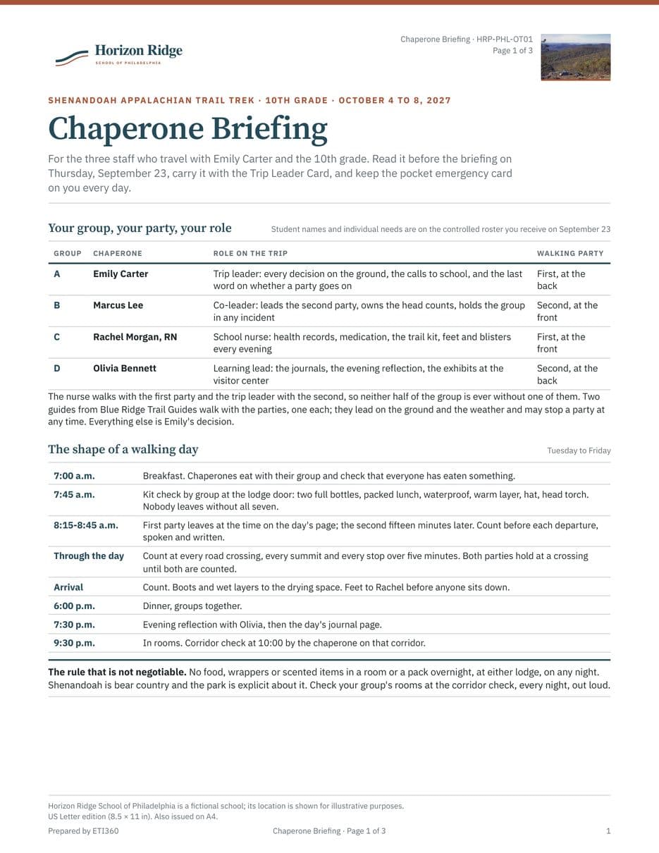 First page of the Chaperone Briefing and Pocket Emergency Card