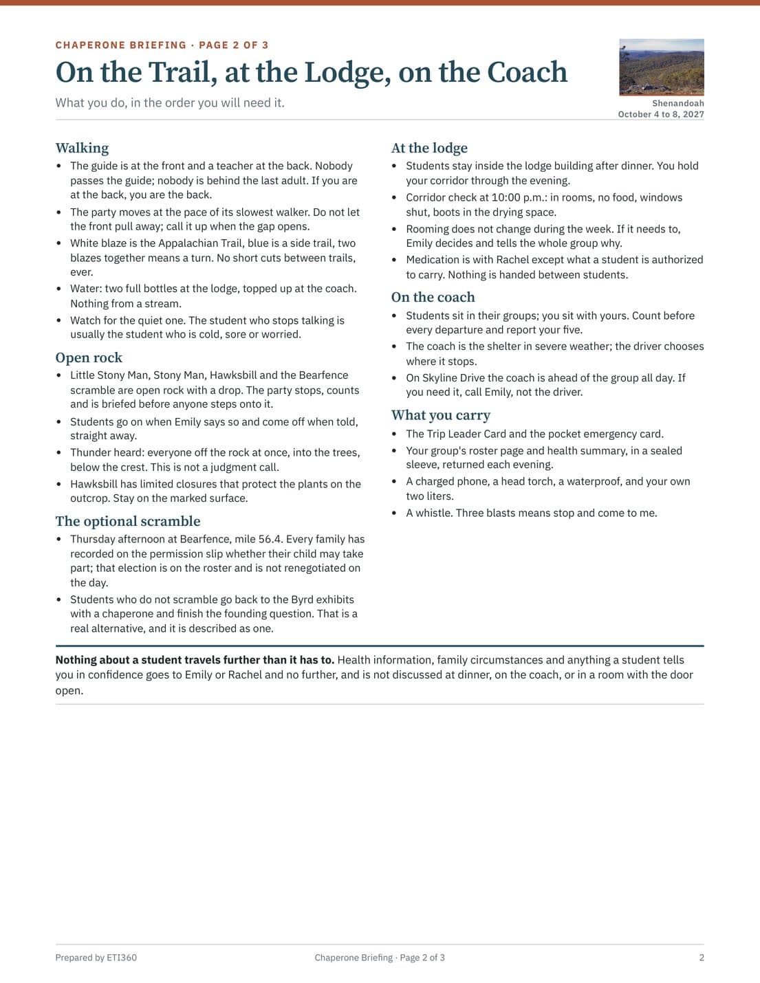 Chaperone Briefing and Pocket Emergency Card, page 2
