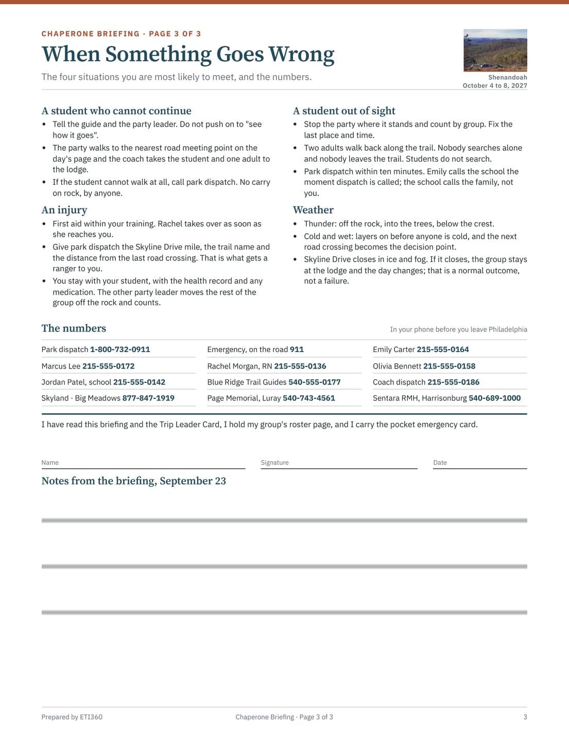 Chaperone Briefing and Pocket Emergency Card, page 3