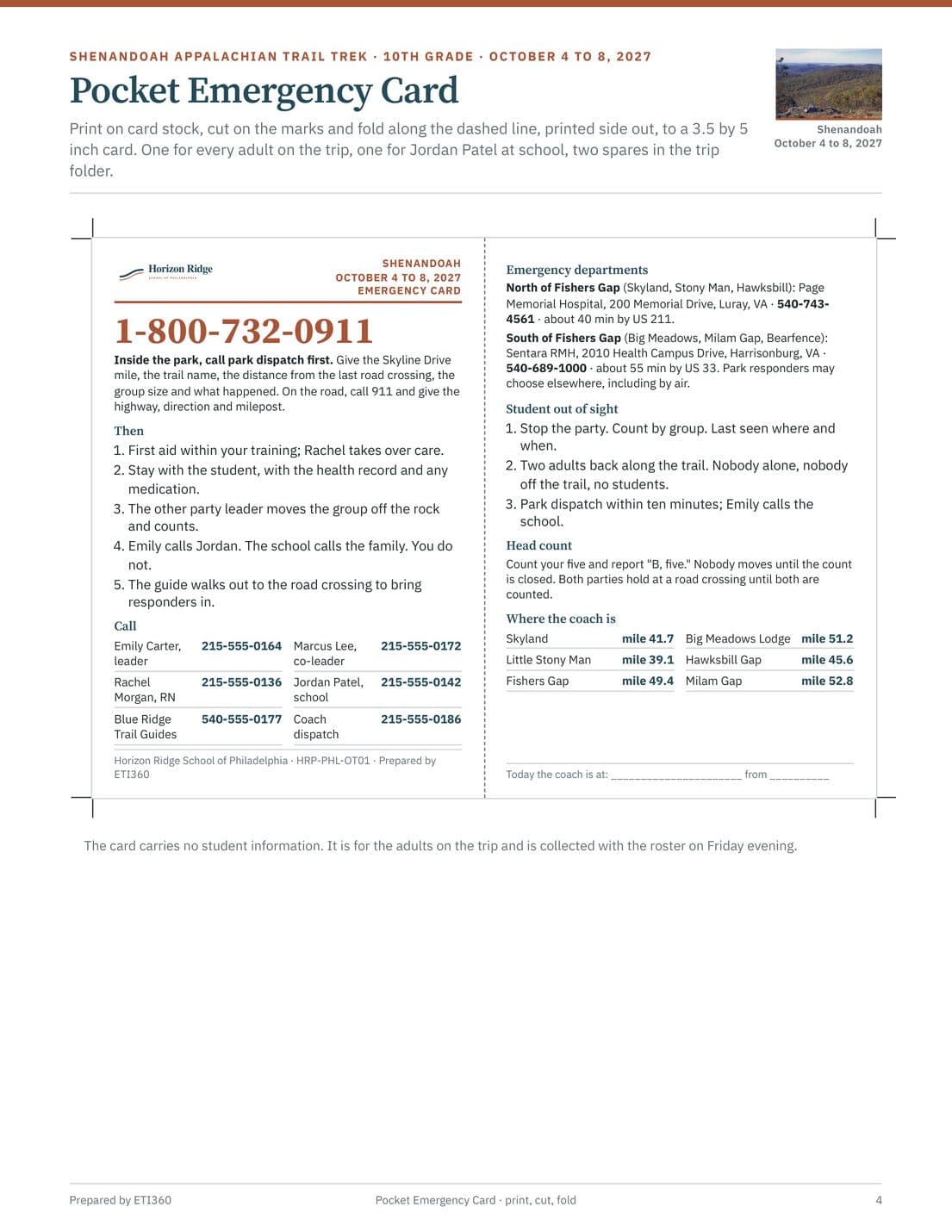 Chaperone Briefing and Pocket Emergency Card, page 4