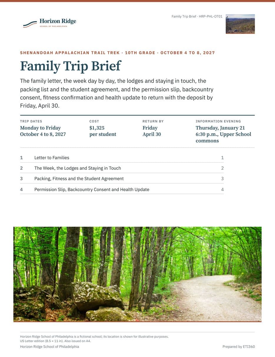 First page of the Family Trip Brief