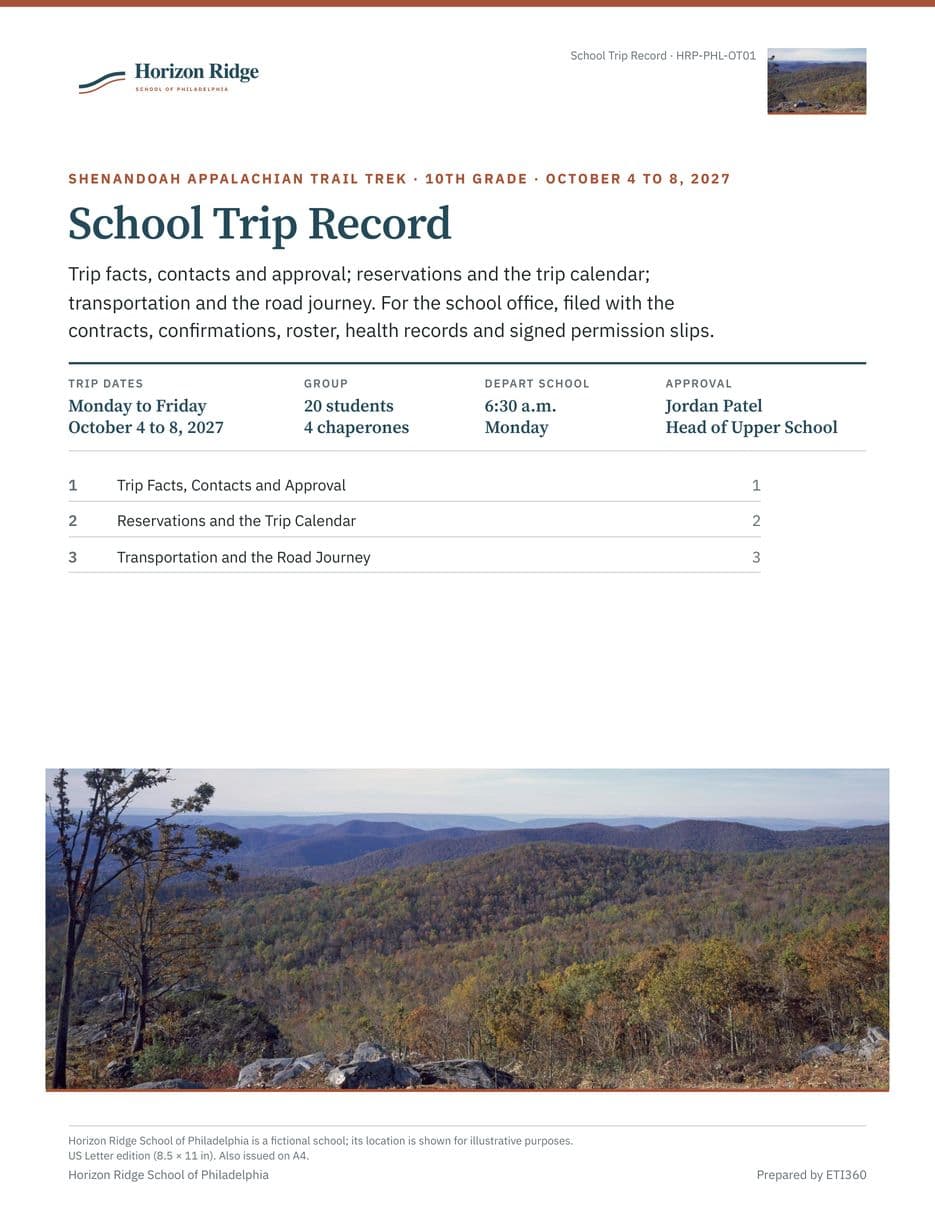 First page of the School Trip Record