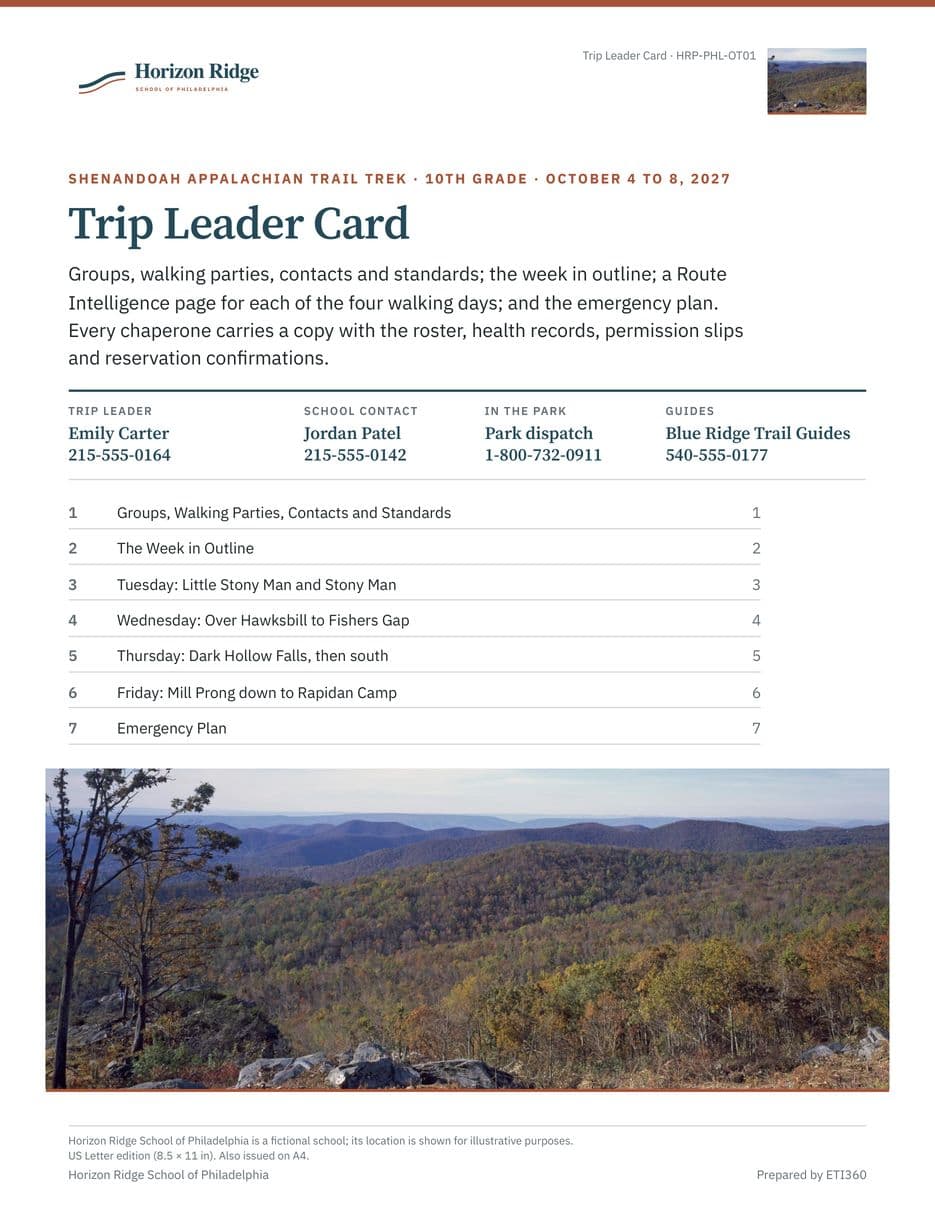 First page of the Trip Leader Card
