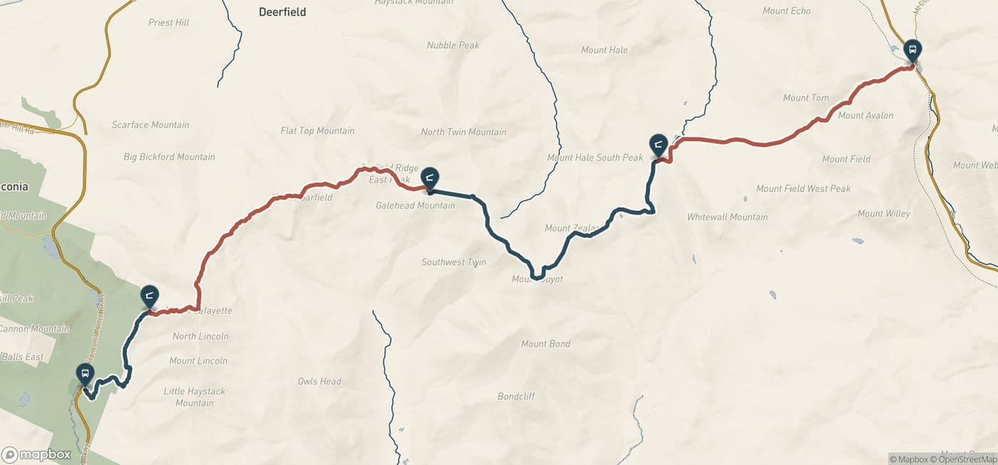 Map of the four-day route from Lafayette Place in Franconia Notch past Greenleaf, Galehead, and Zealand Falls huts to Crawford Depot, each day drawn in alternating blue and brick.