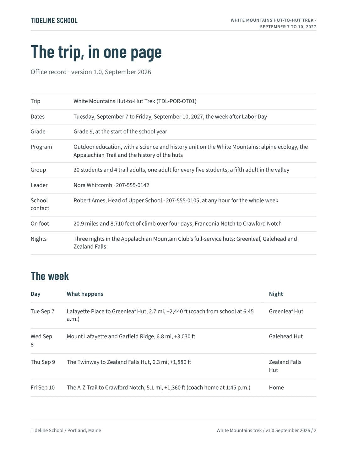 School Trip Record, page 2