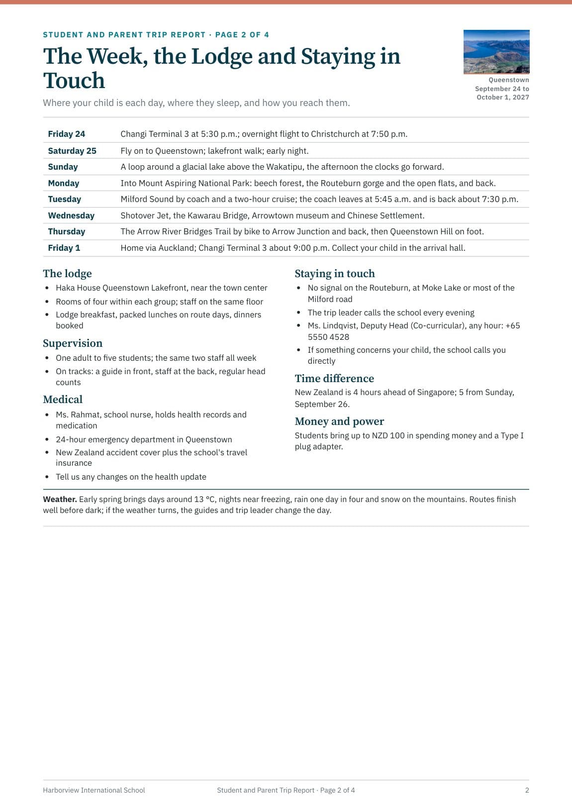 The Student and Parent Trip Report, the week day by day
