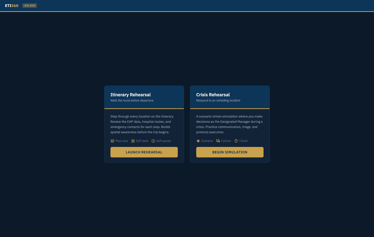 The Duty Manager Simulation: itinerary rehearsal and crisis rehearsal inside the dashboard