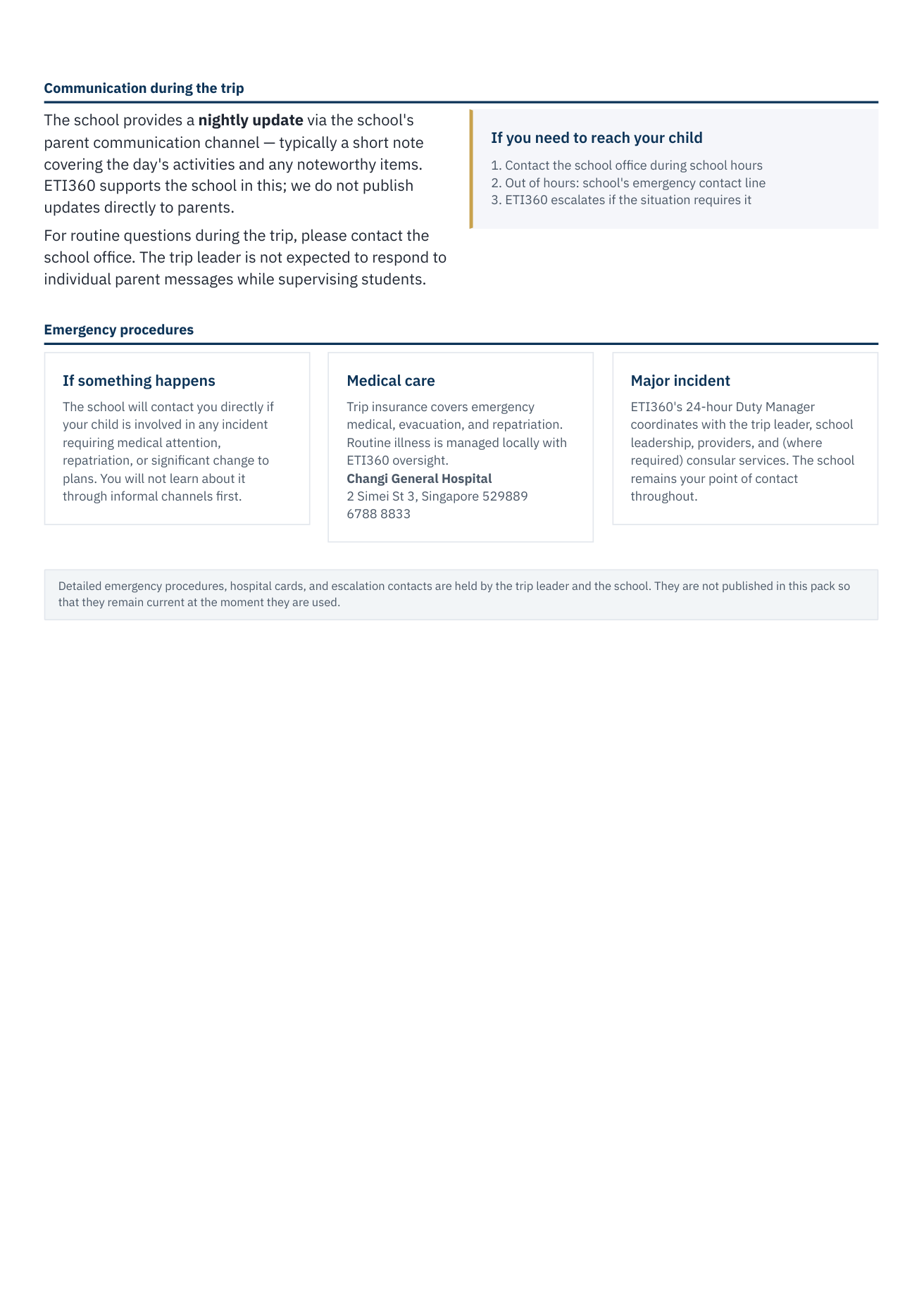Parent Information Pack — a rendered plain-language page covering communication during the trip and emergency procedures for families