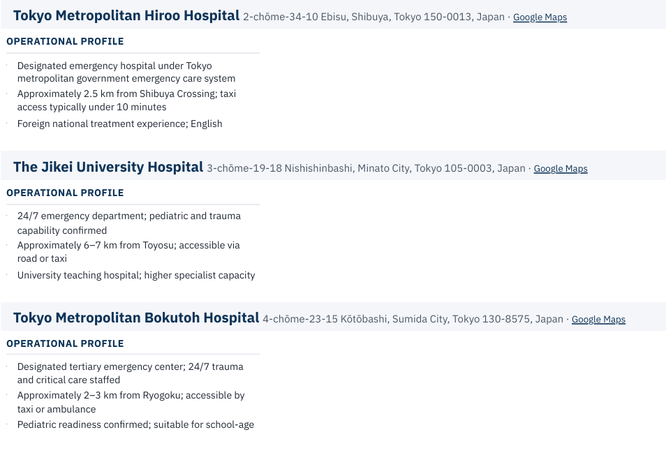 Medical Access page: verified facility profiles with travel times from the itinerary locations